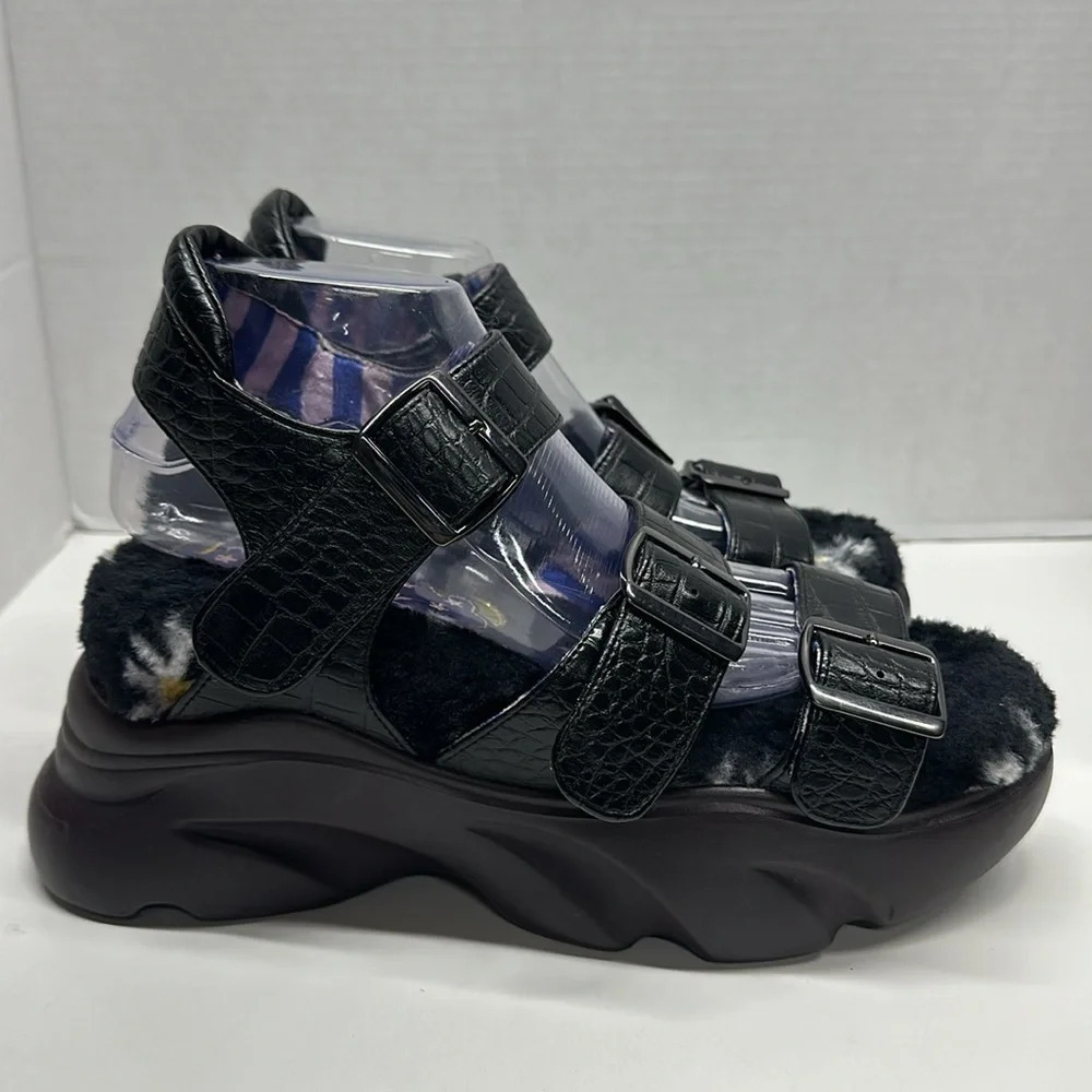 Irregular Choice Platform Sandals Shoes Open Toe Faux Snake Skin Fur Black 10